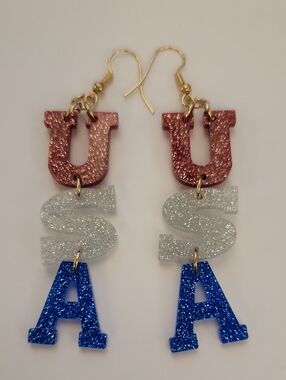 Patriotic Glitter USA Letter Dangle Earrings - Red Silver Blue